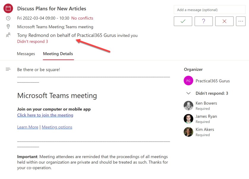 Microsoft 365 グループ予定表で開催された Teams 会議