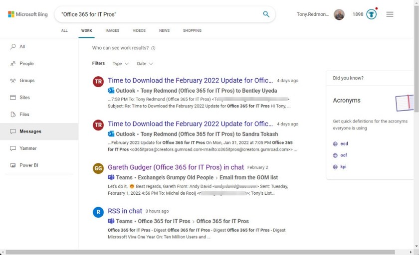 Bingの Microsoft Search に Teams と Outlook のメッセージが表示される