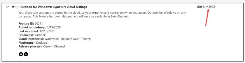 Outlook ローミング署名のロードマップ項目 60371