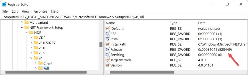 システム レジストリ内の .NET Framework のバージョン番号