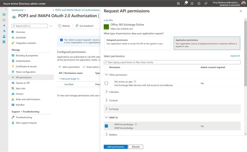 Azure AD 登録済みアプリへの IMAP4 アクセス許可の付与

オンライン IMAP4 の交換