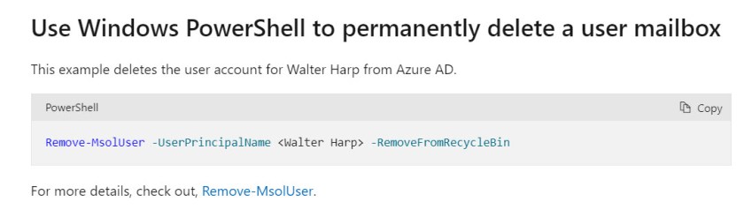 マイクロソフトのドキュメントでは、廃止された Remove-MsolUser コマンドレットの使用を推奨しています。

Azure AD PowerShell