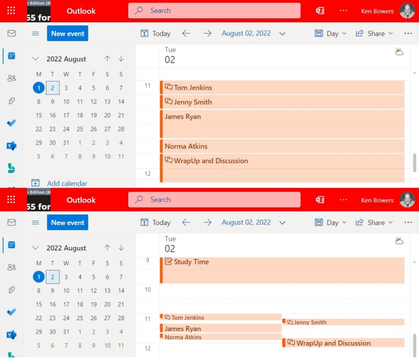 OWA カレンダーに異なる時間増分で表示される複数のイベント