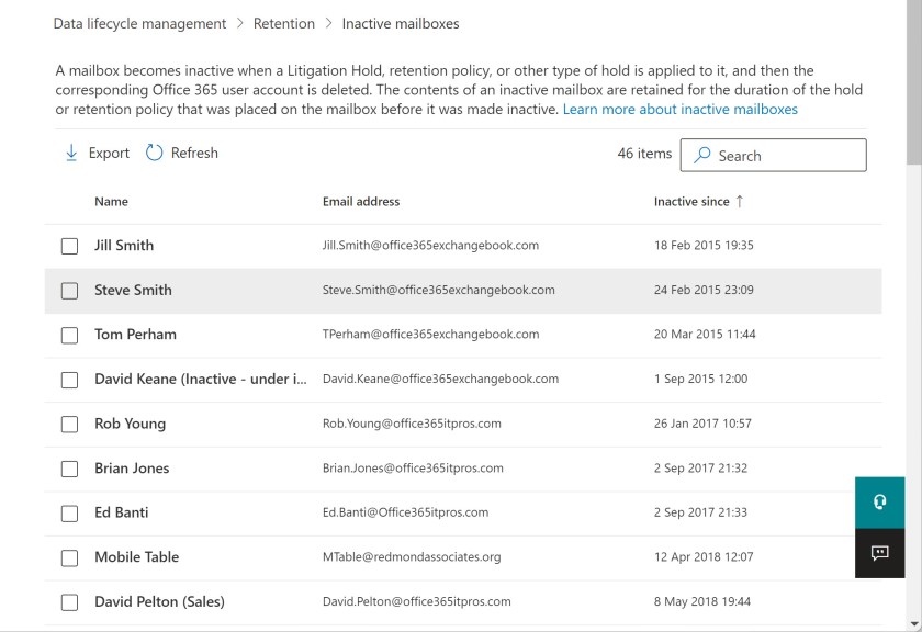 Microsoft Purview コンプライアンス ポータル内の非アクティブなメールボックス