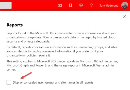 Microsoft 365 管理センターのレポートの非表示のデータ設定