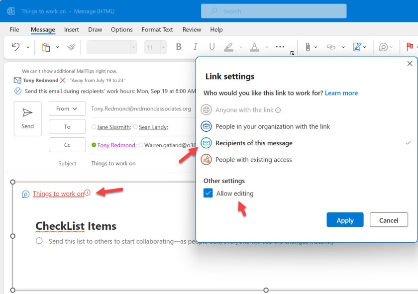 Outlook for Windows でのループ コンポーネントへのアクセスの設定