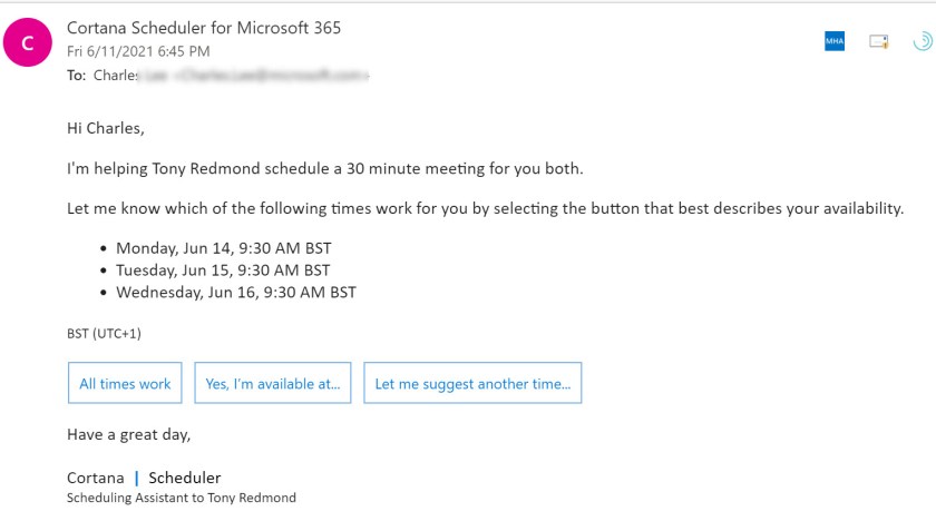 Cortana スケジューラが会議を手配する