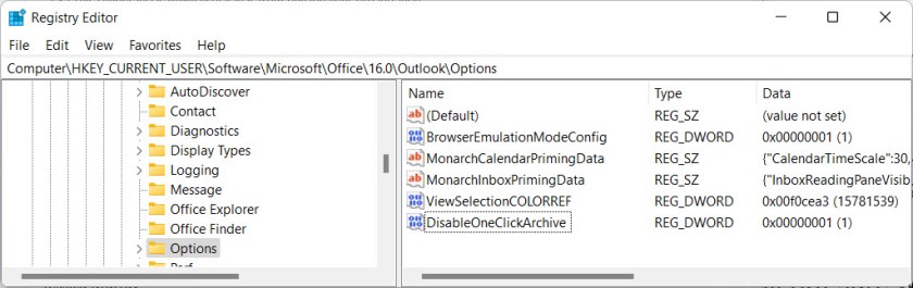 Outlook がアイテムをアーカイブ フォルダーに移動しないようにシステム レジストリを更新する