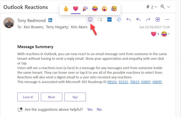 メッセージに応答できる Outlook の反応の範囲