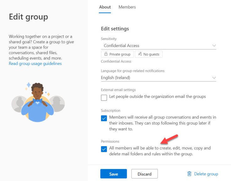 メンバーがコンテンツを作成および編集できるように Outlook グループ設定を更新する