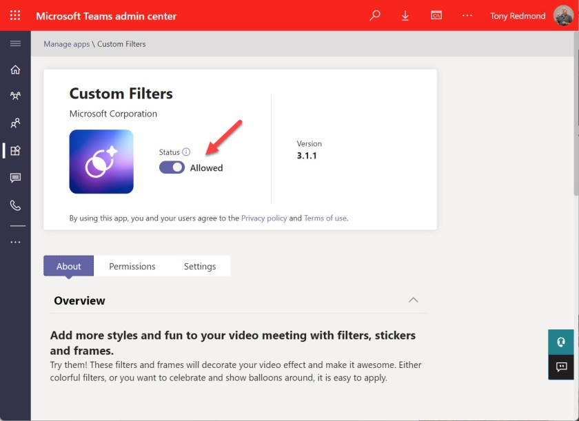 カスタム フィルター アプリは、Teams ビデオ効果へのアクセスを制御します。