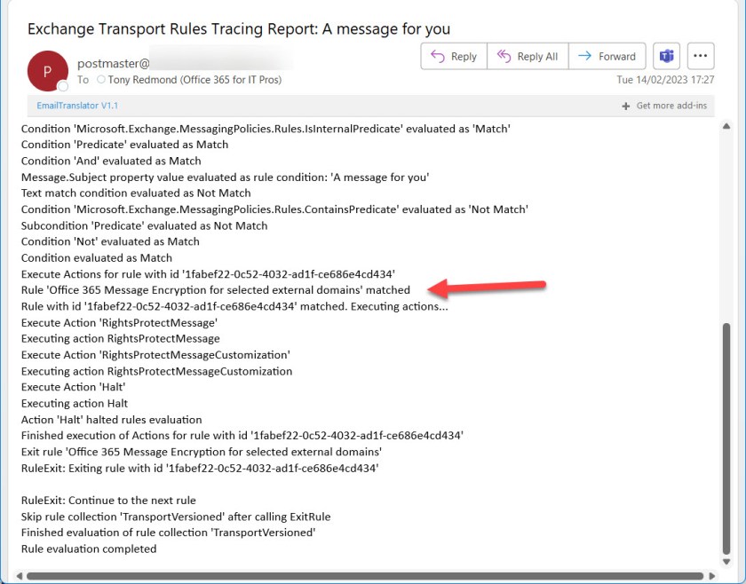 テスト メッセージ コマンドレットによって生成される Exchange トランスポート ルール レポート