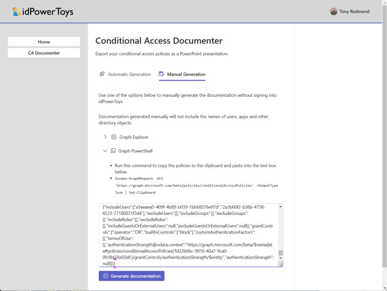 条件付きアクセス ポリシー設定を IdPowerToys に貼り付けてドキュメントを手動で生成する