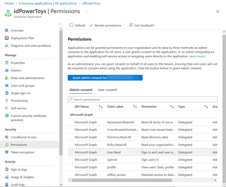 IdPowerToys アプリに割り当てられたアクセス許可